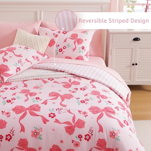 Image of Twin XL Comforter Set for Girls Pink Bow Floral 5 Pieces Bed in a Bag