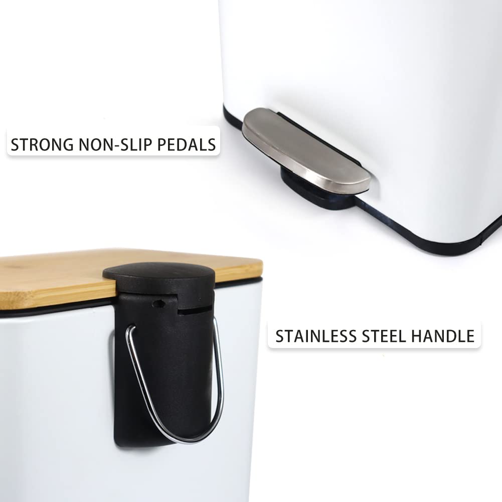 SIDIANBAN Small Trash Can with Bamboo Lid Soft Close and Foot Pedal, 1.3Gal/5L Rectangular Garbage Can with Inner Wastebasket for Bathroom,Bedroom, Office, Kitchen, White