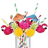 Haundry 100PCS Luau Party Cocktail Straws, Drink Umbrella Parasol Straw, Flamingo Fruit Paper Straws For Tropical Summer Pool Hawaiian Party Decorations