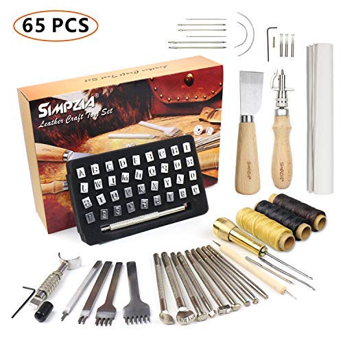 119PCS Leather Tools SIMPZIA Leather Craft Stamping Tools with 36PCS Letter Number Stamps Punch Set, 41PCS Leather Working Saddle Making Tools, Tracing Paper, Adjustable Swivel Knife for Leather Craft