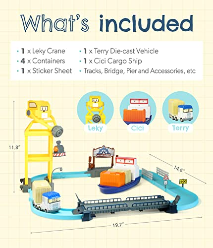 Robocar Poli Toys, Cargo Station Playset With 1 Terry Die-Cast Metal Toy Cars, Race Track Set With 1 Vehicle, Cargo Ship, Crane #TOP2