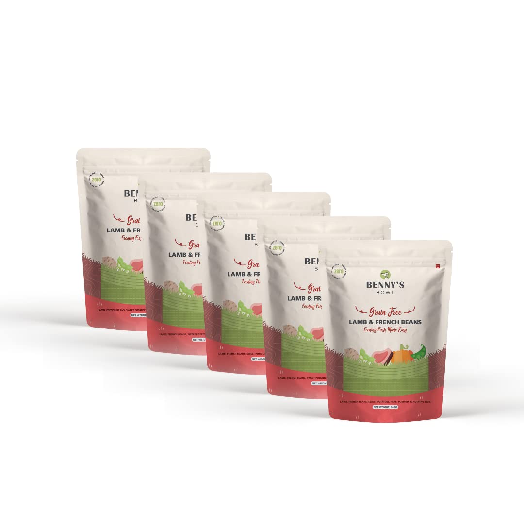 Benny’s Bowl Fresh and Wet Dog Food Lamb and French Beans Recipe High Protein Balanced Daily Nutrition Wet Food for All Breed and Life Stages Grain Free (100 gm X 5 Packs Total 500 gm)