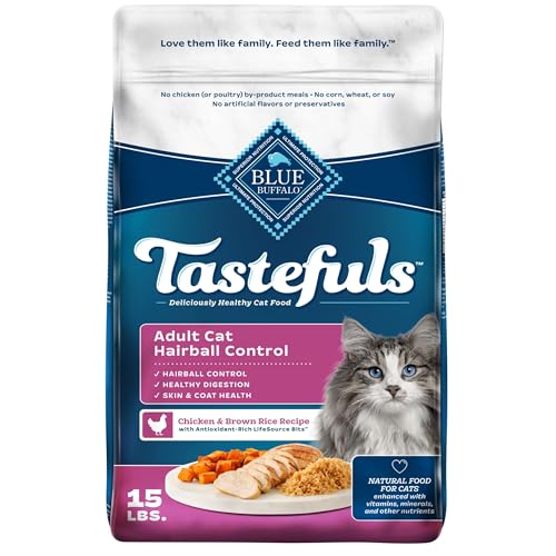 Blue Buffalo Tastefuls Natural Dry Food for Adult Cats, Hairball Control, Chicken & Brown Rice Recipe, 15-lb. Bag
