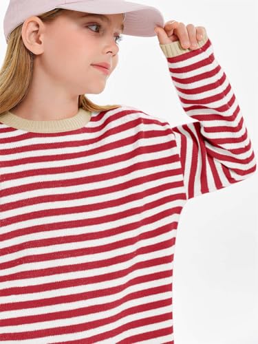Haloumoning Girls Sweaters Casual Long Sleeve Crewneck Striped Color Block Knit Pullover Tops 5-14Y4