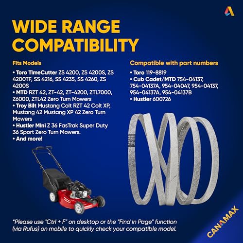 Image of Canamax 119-8819 Mower Deck Belt - Fits 42 Inch Deck Toro TimeCutter MX SW ZS 4200 SS 4225 4235 4250 4260 Hustler 600726 Cub Cadet /MTD 754-04137 954-04047 954-04137 | Aramid Cord | 1 /2 inch x 113 1 /2 inch