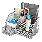 Mesh Desktop Organizer Office Supplies Caddy Multi-Functional Desk Accessories Metal Stationary Holder with 6 Compartments and 1 Drawer for Home, Office, School, Classroom by STOREMIC (Sliver)