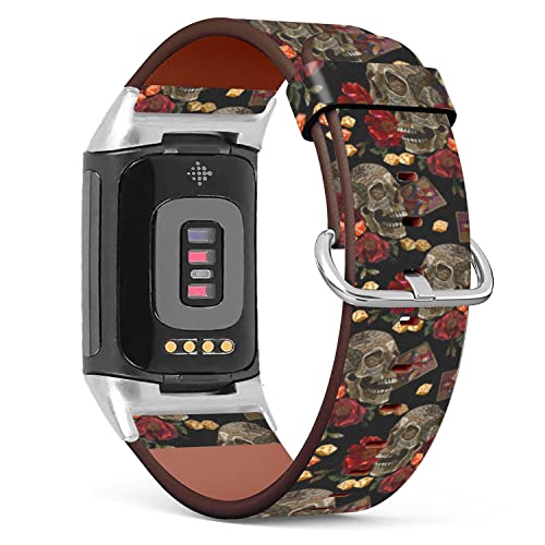 Compatible with Fitbit Charge 5, Patterned Leather Replacement Band (Embroidery Skull and Playing Cards Pattern)