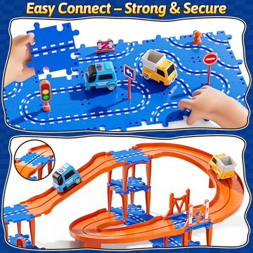 Guminnara Toddler Puzzle Race Cars Track Toys for Kids Age 3-5 2-4 Years, 59PCS Puzzles Car Track Set Includes 2 Cars and Road Signs, Educational Birthday Gifts for Kids, Boys and Girls by Guminnara - Image 5