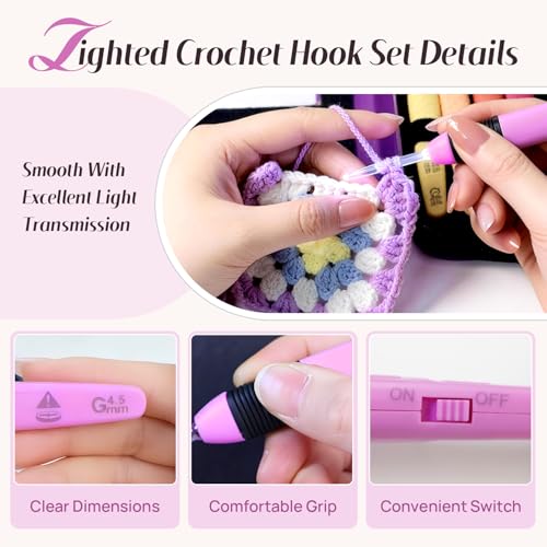 Image of Lewhoo Light Up Crochet Hook with Battery 2.5-6.5mm, 9 Size Led Crochet Hooks Set with Bag for Dark Yarn, 3 Packs Replacement Batteries Crochet Needle Set
