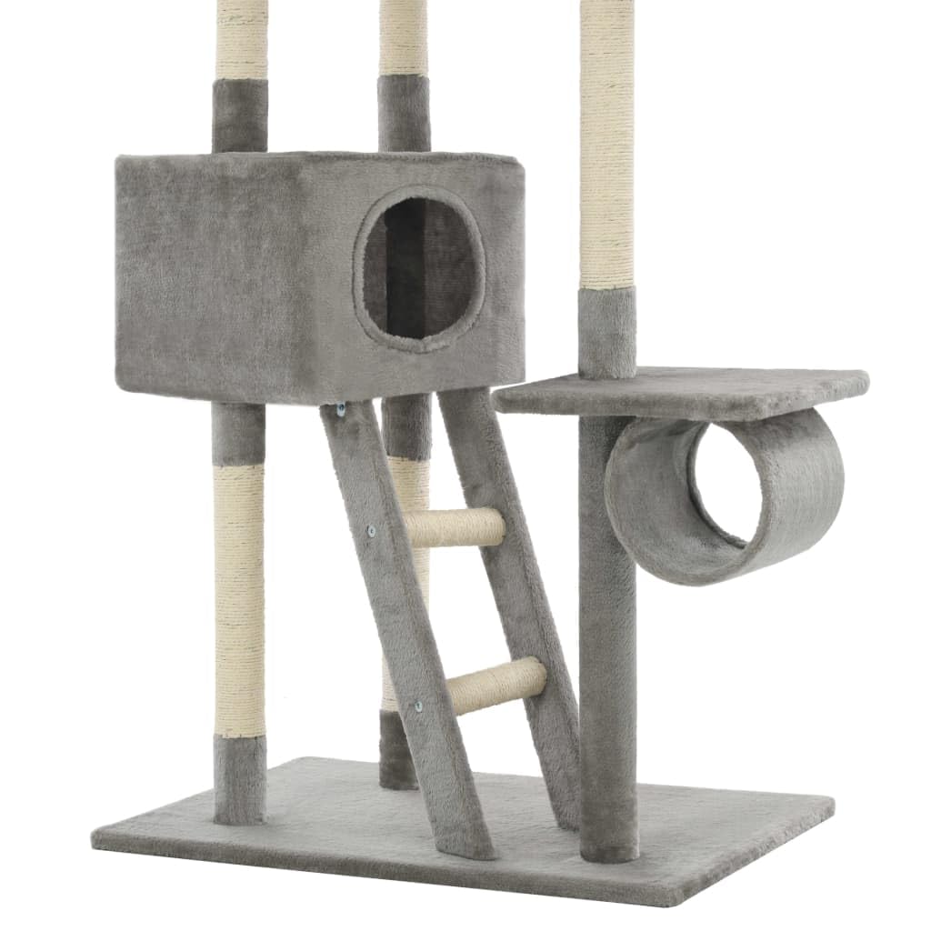 Katzen-Kratzbaum Sisal 230-260 cm Grau mit Kratzmöbel, Kratztonne, Kratzbrett, Plattform, Höhle und Liegefläche für Klettern, Kratzen, Spielen und Ruhen in Wohnung, Balkon, Zimmer