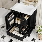 24" Bathroom Vanity with Sink, Harper & Bright Designs Free Standing Single Vanity Set with 3 Drawers and One Door with Storage Racks, Solid Wood Storage Cabinet with Ceramic Basin for Bathroom, Black