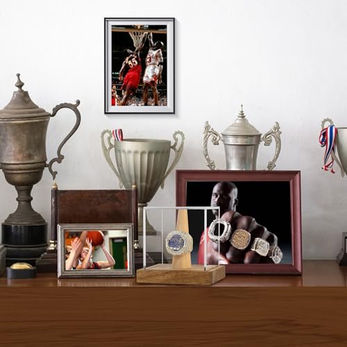 Image of Hooqict Championship Ring Display Case Clear Acrylic Ring Case Display Box UV Protected with Wood Base Stand for Sports Baseball Basketball Softball Football Single Ring Holder Coin Stand