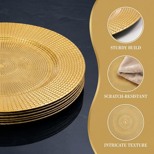 Image of Hiceeden 12 Pack Gold Charger Plates for Dinner Plates, 13 inch Round Plastic Chain Shaped Charger Service Plates, Decorative Chargers Bulk for Table Setting, Wedding, Party, Event