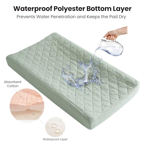 Image of Konssy Waterproof Muslin Changing Pad Cover 2 Pack, Quilted Cotton Fitted Diaper Changing Table Cover, Soft Changing Pad Sheets for Girls Boys (Leafy,Green)