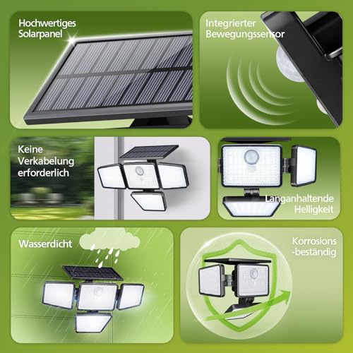 Philips Solarlampen für Außen mit Bewegungsmelder, 196 LED mit PIR-Bewegungsensor, 3 Modi, 4 Verstellbare Lampenköpfe… – Ansicht 2