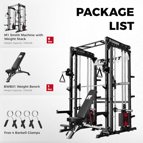 Image of RitFit M1 Pro Smith Machine Package, All-in-One Power Cage with Weight Stack Set, Includes LAT Pulldown & Cable Crossover System for Home Gym