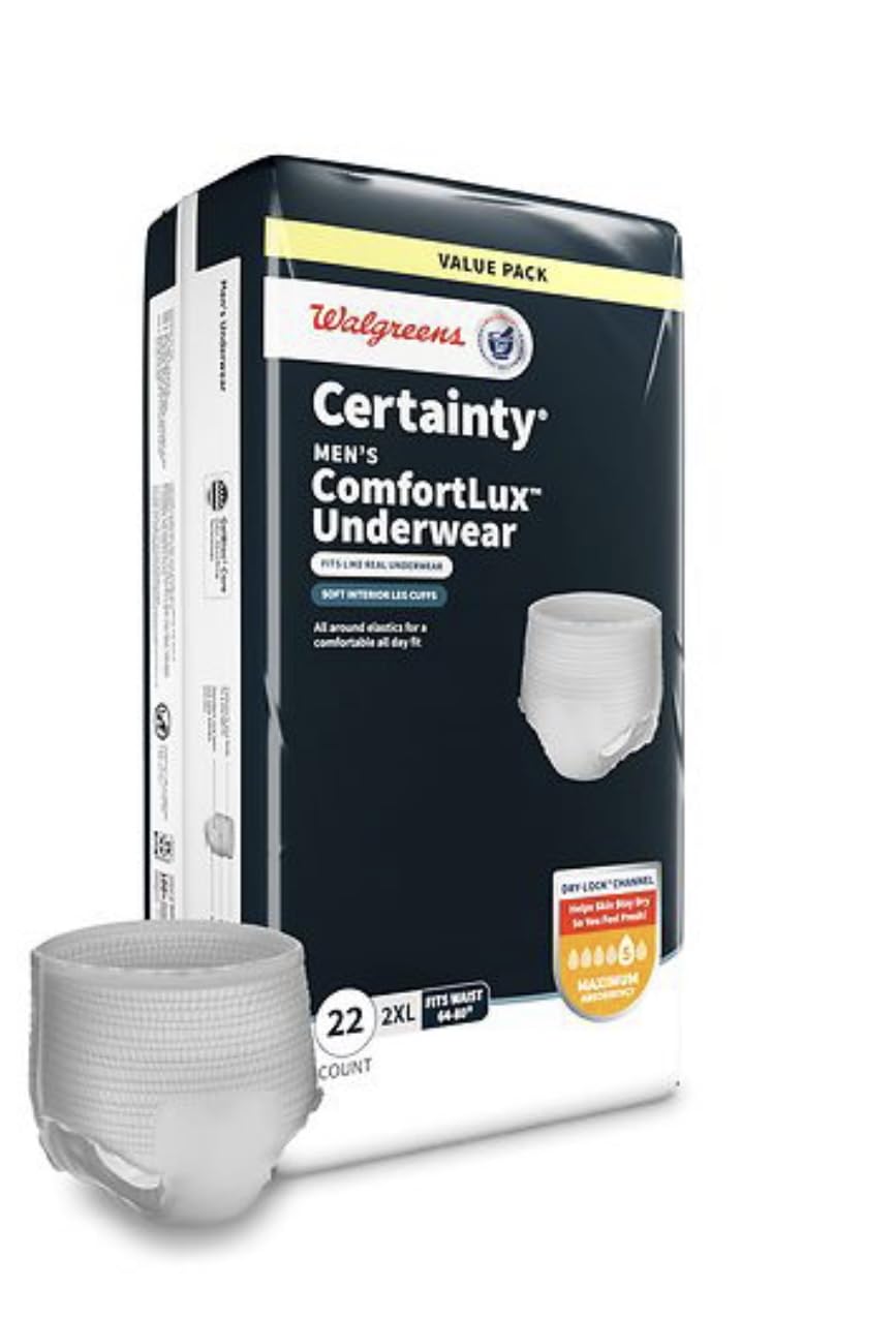 Certainty Men's ComfortLux Underwear, 2XL, Maximum Absorbency, 22 Count, Fits Waist 64-80 Inches (Pack of 2) Total 44 Count