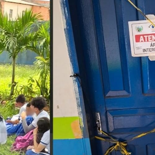 Calor e falta de estrutura obrigam alunos a assistirem aulas debaixo de &aacute;rvores em Rorain&oacute;polis