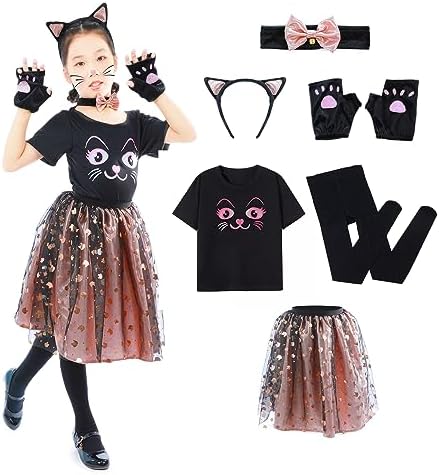 Halloween Black Cat Costume for Girls with Pink Tutus, Cat Ears Headband and Tail, Bow Collar