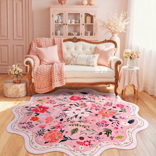 Macgace Floral Round Rug for Girls Bedroom, Washable 5ft Pink Area Rugs