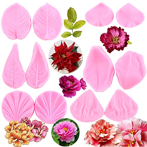 Image of RFGHAC Gumpaste Flower Silicone Veining Molds Fondant Rose Veined Mold Peony Flower Candy Mold Rose Flower Mold For Sugar Cake Decorating Cupcake Topper Chocolate Polymer Clay Set Of 6