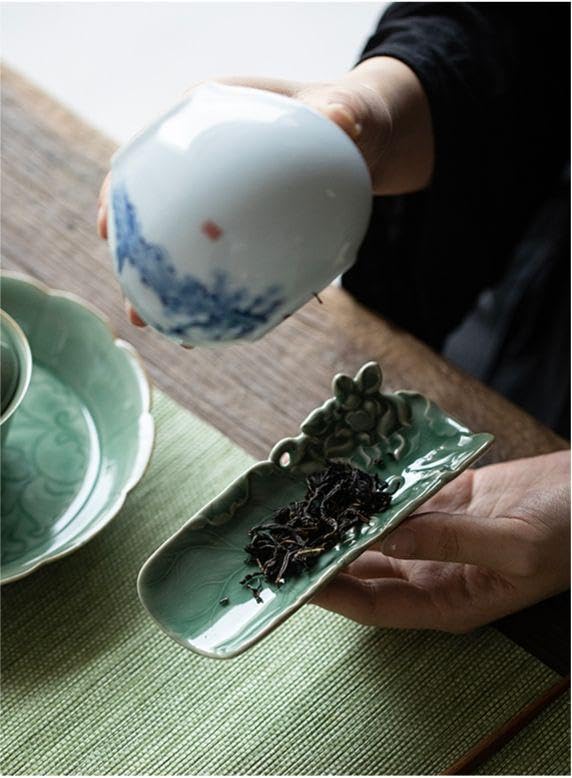 Amazon.co.jp: 青磁 茶則 茶杓 セット 浮き彫り 蓮華紋 蛙