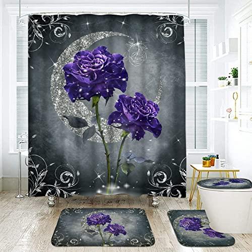 4 Pcs Purple Rose Shower Curtain Sets With Non-Slip Rug, Toilet Lid Cover And Bath Mat, Sliver Grey Moon Floral Shower Curtain With 12 Hooks, Purple Bathroom Sets With Rugs And Accessories #TOP2