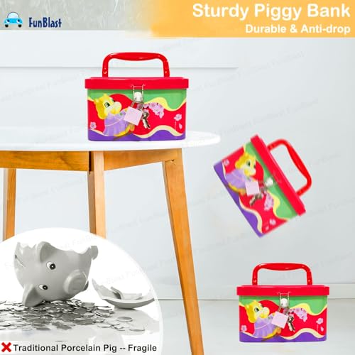 Image of FunBlast Money Saving Tin Coin Bank with Handle, Lock and Key, Piggy Bank for Kids, Gullak for Kid, Birthday Return for Boys & Girls, Money Bank, Coin Box (B-Multicolor)