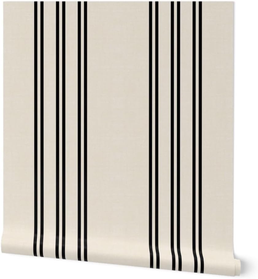 Spoonflower Peel & Stick Wallpaper 9ft x 2ft - Simple Stripe Black Cream Tan Minimal Timeless Farmhouse Weathered Large Scale Custom Removable Wallpaper