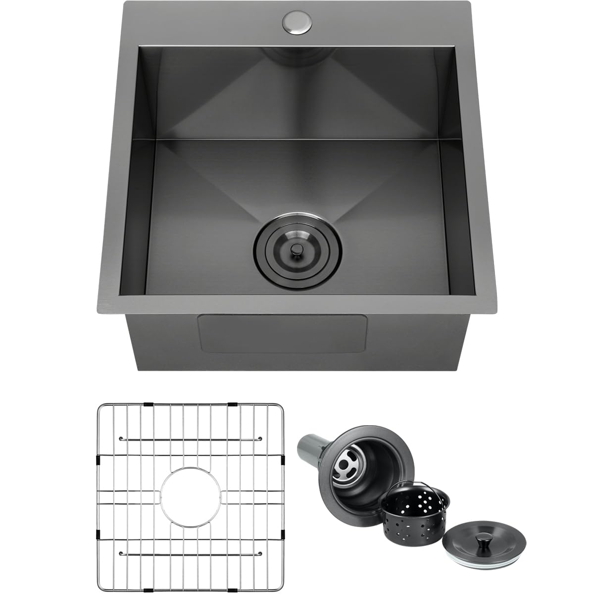 FRANIC 18" Handmade Black Bar Workstation Sink, 18" x 18" x 9" Stainless Steel Matte Nano Black Topmount Single Bowl Small Kitchen Outdoor Sink