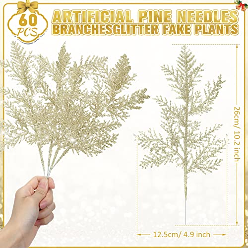 60 Pieces Christmas Floral Picks Artificial Pine Needles Branches Fake Tree Branches Christmas Floral Picks Glitter Fake Floral Twig Picks For Christmas Tree Home Wreaths Holiday Decor (Champagne) #TOP1