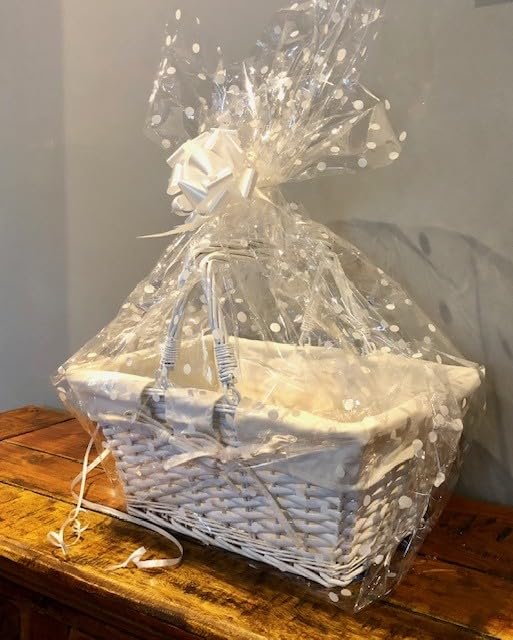 Shopping Basket Split Willow Wicker Hamper kit with Lining includes Cellophane & Bow Buff or White Picnic Storage Gift with Folding Handles (White)