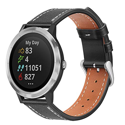 Fintie Bands Compatible with Garmin Vivoactive 3, 20mm Soft Genuine Leather Replacement Accessories Strap Compatible Garmin Vivomove HR/Forerunner 645 Music/Forerunner 245 Music Smart Watch, Black