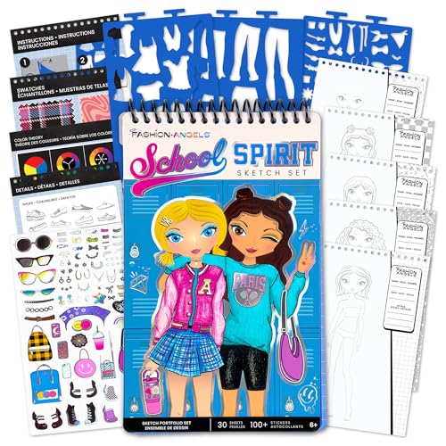 Fashion Angels School Spirit Sketch Set, Includes Sketch Pad with Stencils & Stickers, Fashion Design Sketch Book for Girls, Ideal Drawing Kit for Kids