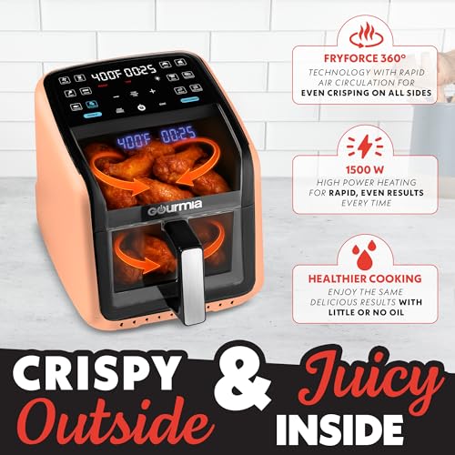 Gourmia Air Fryer 7 QT - Easy View Panoramic Window & Interior Light, Guided Cooking with 12 One-Touch Presets, FryForce 360, Dishwasher Safe Accessories, Peach
