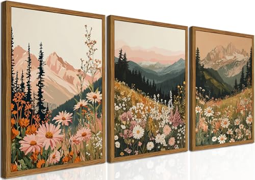 Framed Boho Colorful Wildflower Landscape Wall Art Set of 3,