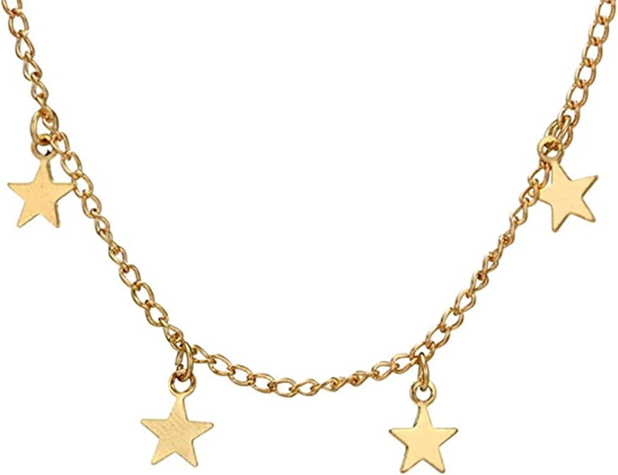 WEILYDF Choker Necklace with Star Chain Thin Heart Pendant for Birthday Friendship Jewelry, Gold