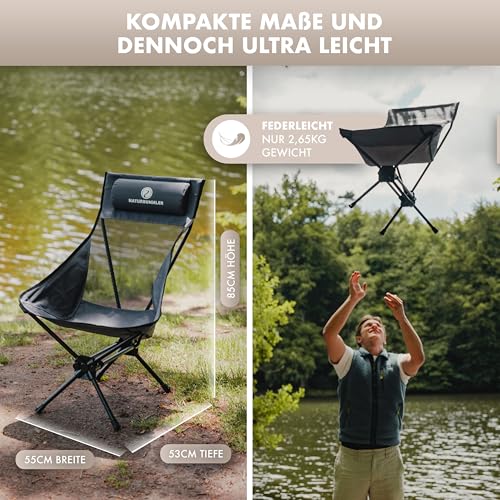 NATURBUMMLER Campingstuhl faltbar [Cloud Sit Light] – Ultraleicht (2,65 kg) & atmungsaktiv – inkl. Tragetasche – kompakter Klappstuhl 120 kg belastbar für Garten Angeln Outdoor (Grau)