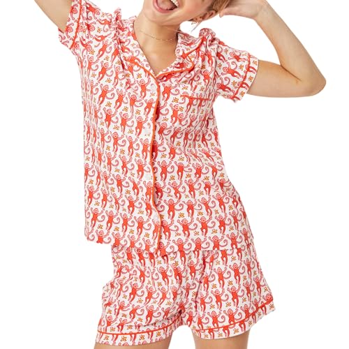 Image of Womens Y2k Preppy Pajamas Set, 2 Piece Button Down Monkey Beach Shorts Set Holiday Vacation Loungewear Pjs for Jammies Back to School Party Birthday Gifts(Red, Small)