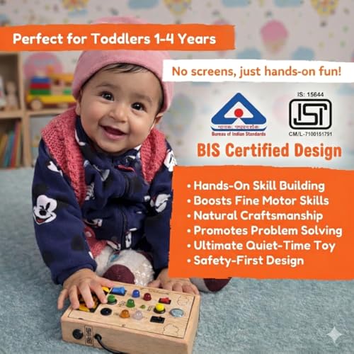 Image of Interactive Plug-in (Rechargeable), Montessori Busy Board for Toddlers 1-6 Years, Sensory Toy with Lights & Switches, Fine Motor Skills, Hand Eye Coordination, Screen-Free Travel Toy, BIS Certified