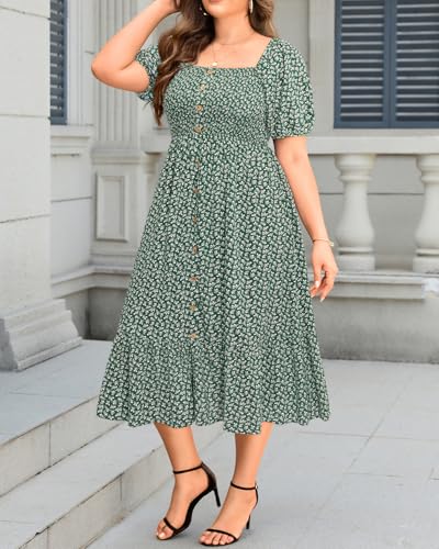 Image of Plus Size Summer Dresses - Boho Casual Wedding Guest Midi Flowy Short Sleeves Smocked Button Down Dress for Curvy Women