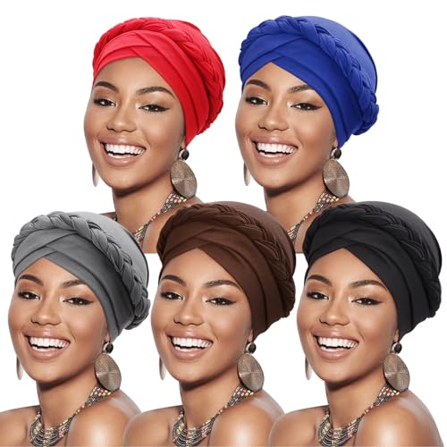 Image of DRESHOW African Women Turban Caps Beanie Twist Headscarf Pre-Tied Twisted Braid Headwraps for Women Chemo Cancer Cap
