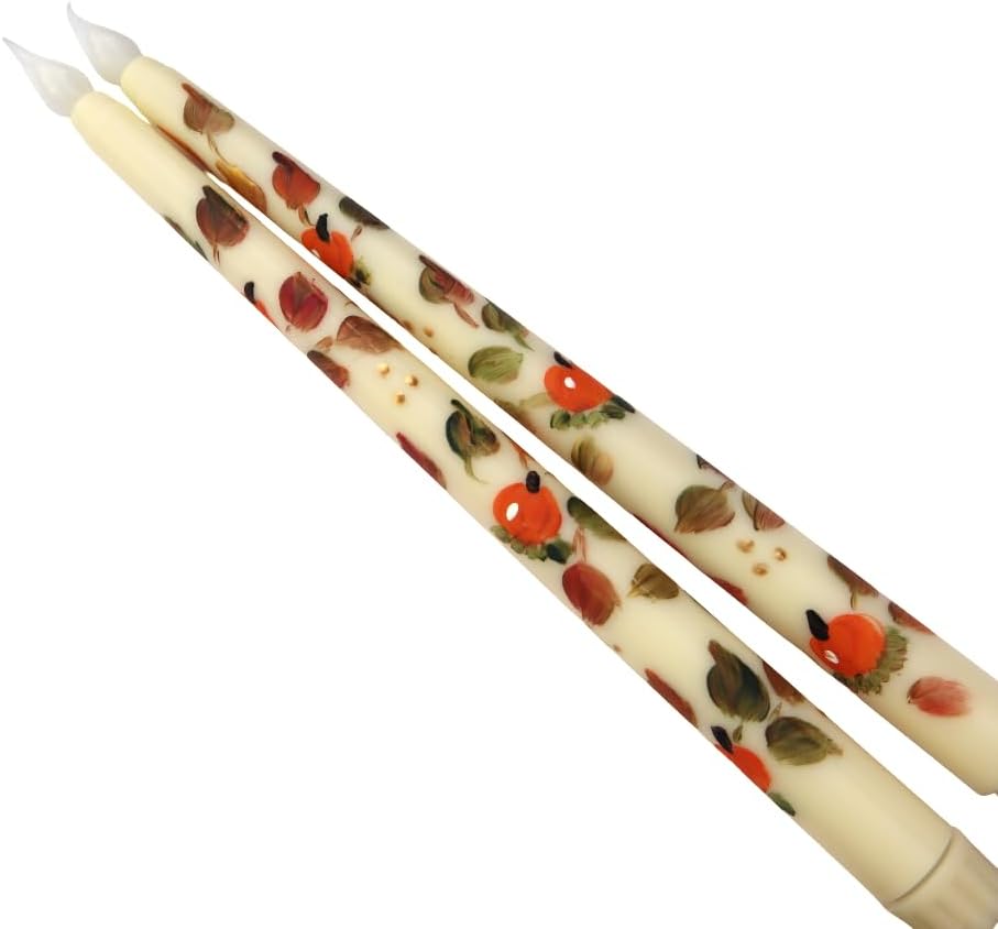 Decorative Hand Painted Pumpkins and Falling Leaves by Artist not Printed Flickering Flameless Taper Candles Battery Operated Tapered Candlesticks Halloween Fall Decor Autumn Decorations