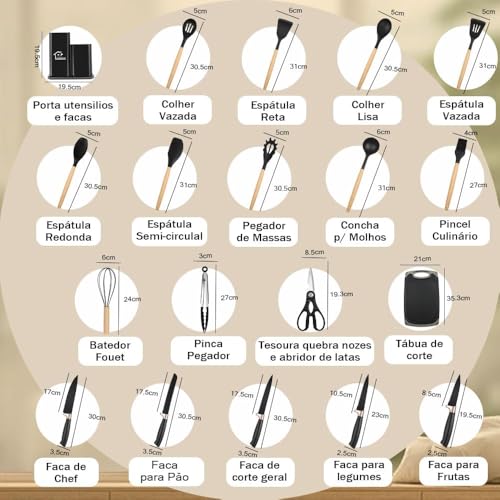 19 Peças Utensilios para Cozinha Silicone, Kit Utensílios de Cozinha Silicone, Jogo Utensílios de Co