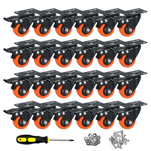 Image of 2 inch Caster Wheels Set of 24, Heavy Duty Casters with Brake, No Noise Locking Casters with Orange Polyurethane (PU) Wheels, Swivel Plate Castors Pack of 24