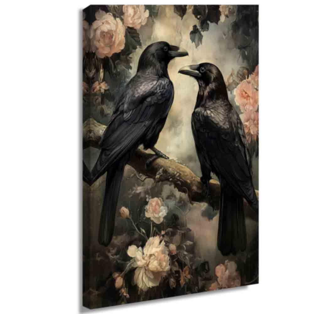 LMYSXAOZ Black Crow Canvas Wall Art Bird on Branch Painting Raven Couple Pictures Prints for Halloween Decor (Pink,16L x 24W)