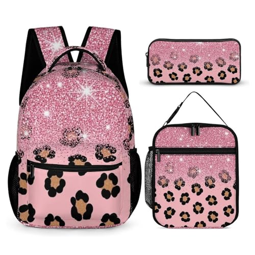Backpack with Lunch Box & Cosmetic Bag Set Pink Glitter Sparkles Cheetah Leopard Print Bookbag Daypack Set Backpack with Lunch Bag Storage Bags - Main Image