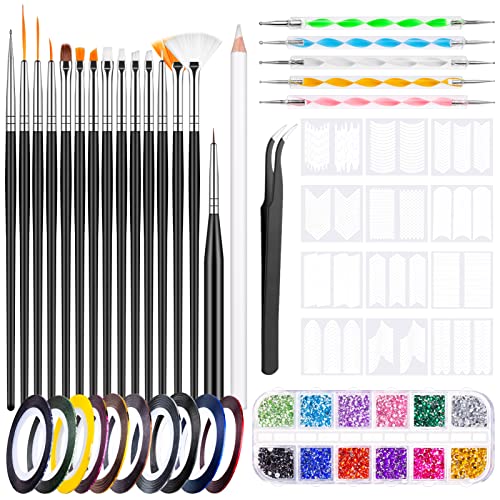 MELLIEX Kit de Manicura, 45 Piezas Accesorios Decoración Set con Pinceles de Uñas, Diamantes de Imitación de Color, Pegatinas de Uñas Francesas, Cintas Adhesivas Uñas, para DIY Uñas