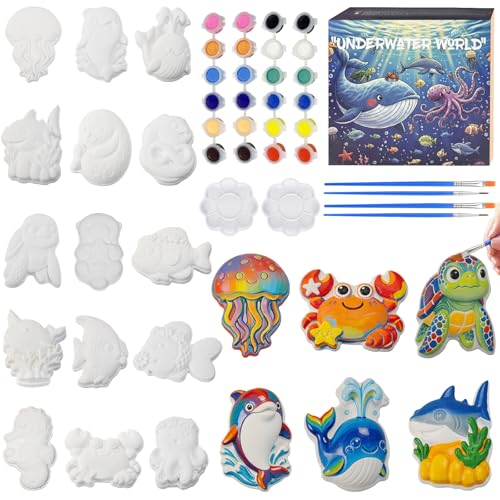 Image of Ptesuply 24 Pcs Paint Your Own Plaster Jungle Animals Painting Kit, DIY Ceramic Arts and Crafts for Kids and Adults, Children Birthday Gift Party Event (Ocean)