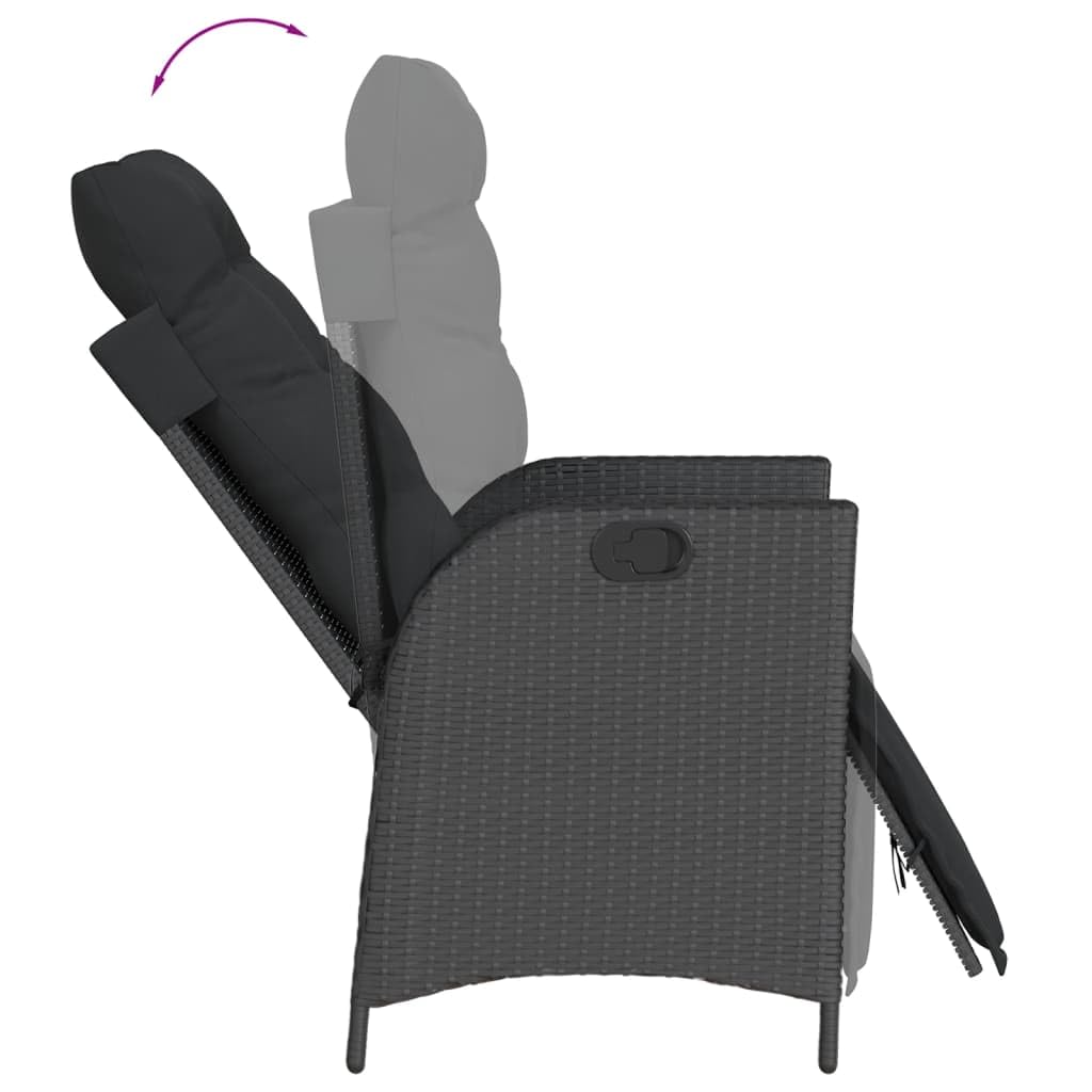 7-częściowy zestaw mebli ogrodowych z czarnego polirattanu, regulowany fotel relaksacyjny z poduszkami, stół z drewna akacjowego 190 x 90 cm, odporny na promieniowanie UV, na taras, balkon